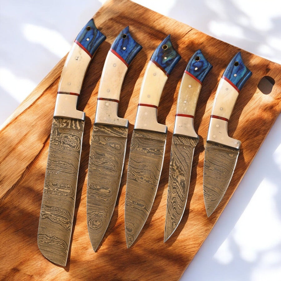Handmade Damascus Kitchen Knives Set – Exotic Wood & Bone