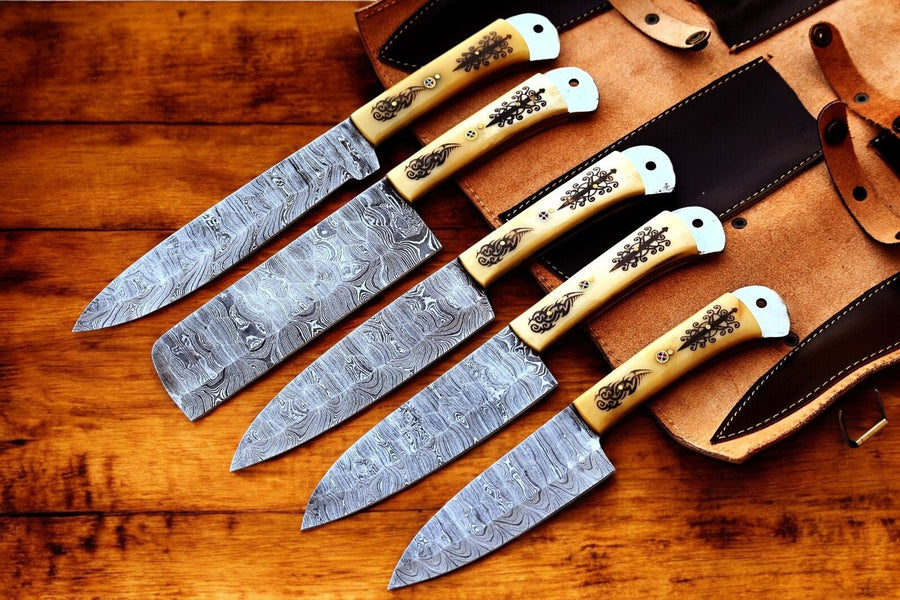 Handmade Damascus Kitchen Knives Set with Engraved Bone