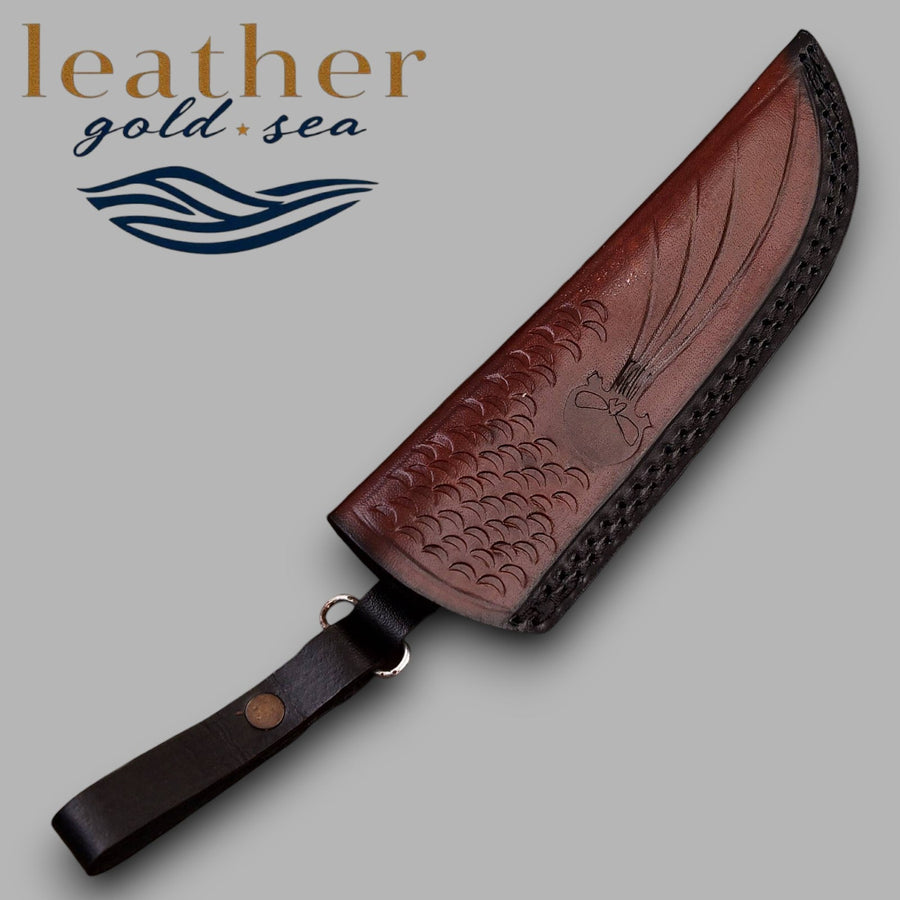 Dark brown patterned sheath with demonstration knife inserted