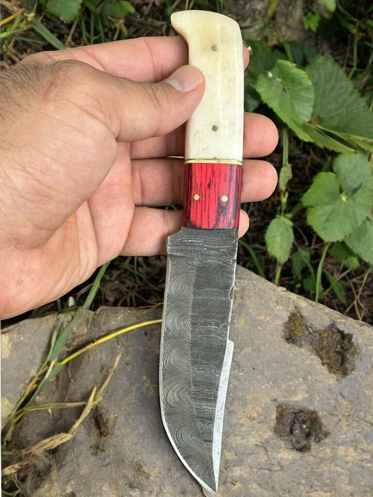 Handmade Damascus Hunting Knife – Bone & Exotic Wood