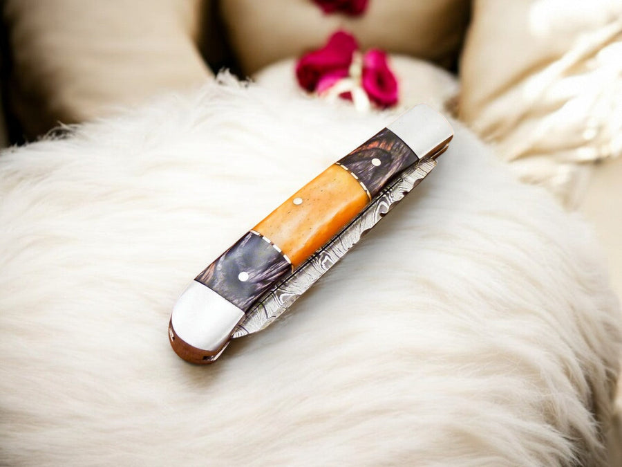 Handmade Damascus Pocket Knife – Exotic Wood & Bone