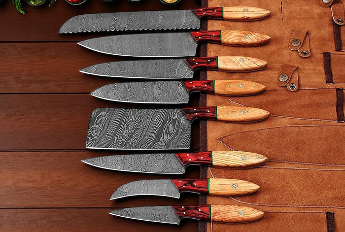 Damascus Steel Knives Set – 8-Piece Full Tang Forged Collection