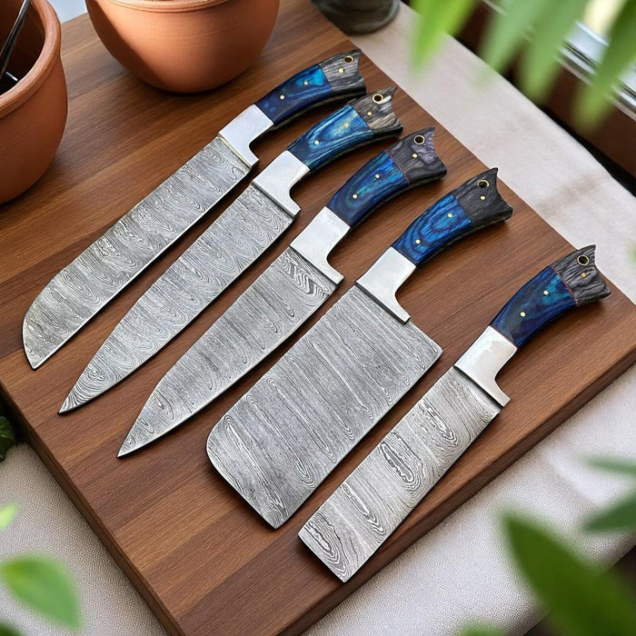 Damascus Chef Knife Set – 5-Piece Full Tang Forged Blades
