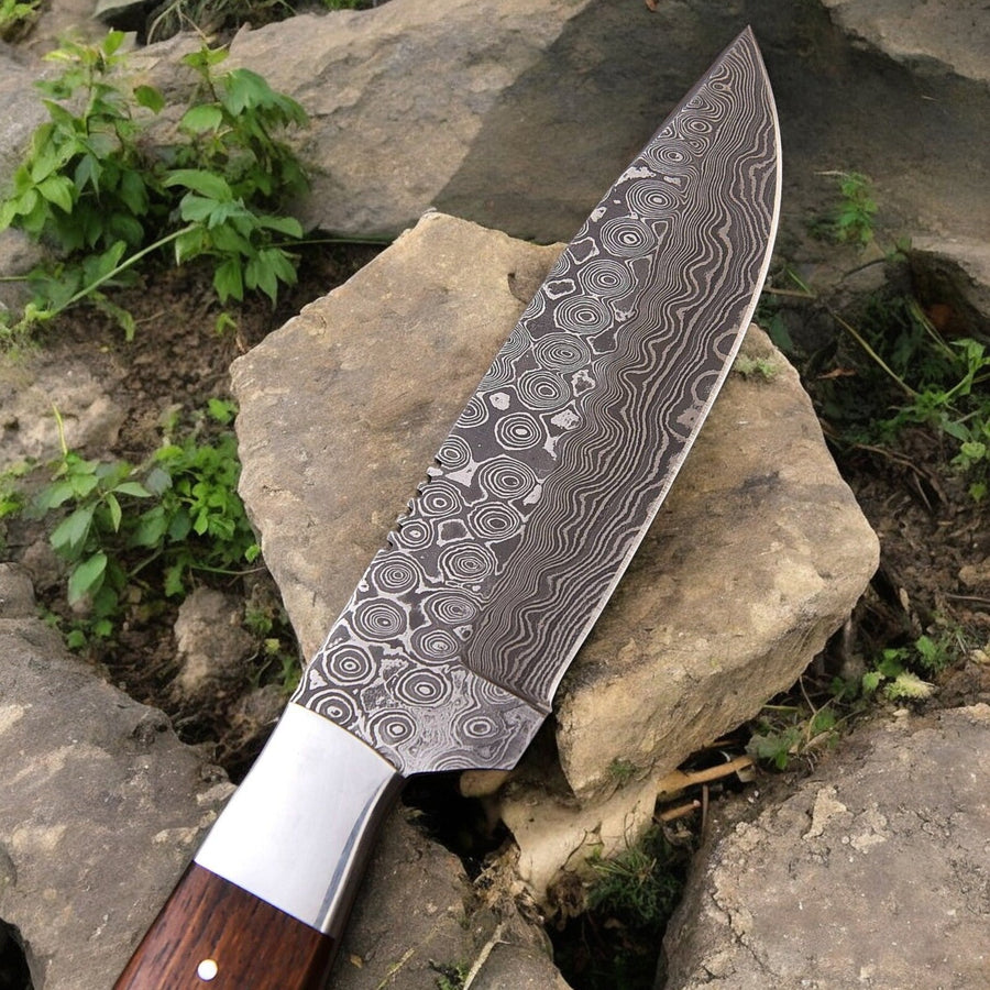 Handmade Damascus Hunting Knife | Sheep Horn & Rosewood