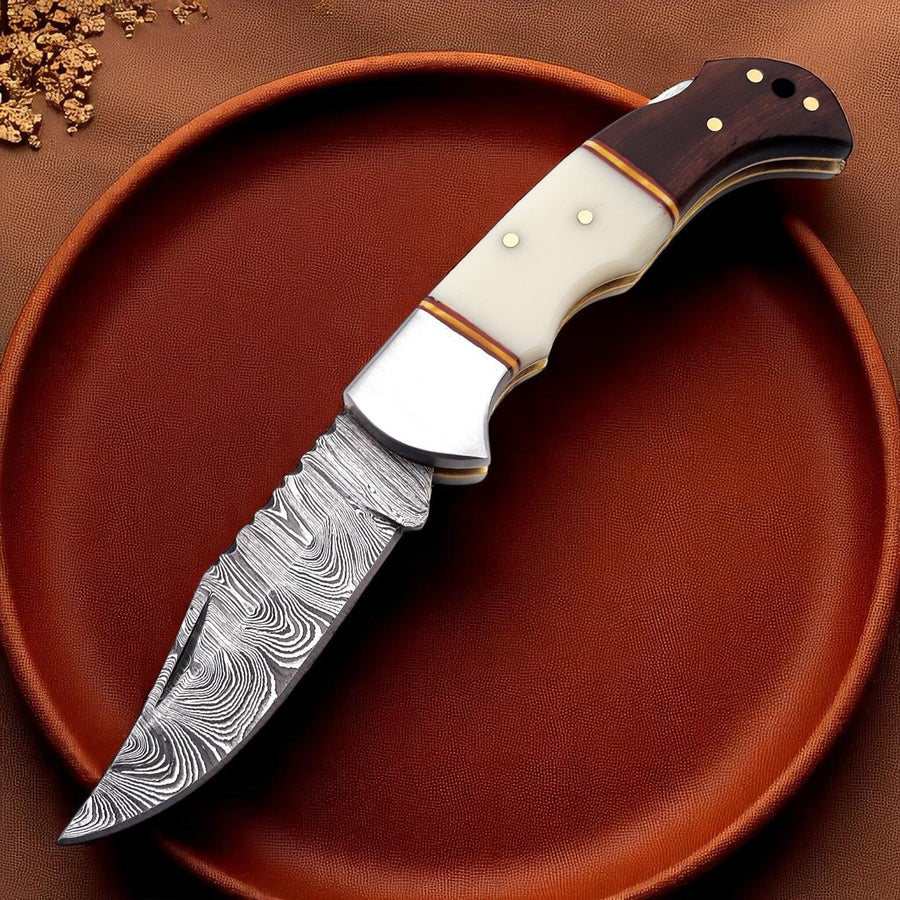 Damascus Pocket Knife – 3" Blade, Bone and Wood product photo
