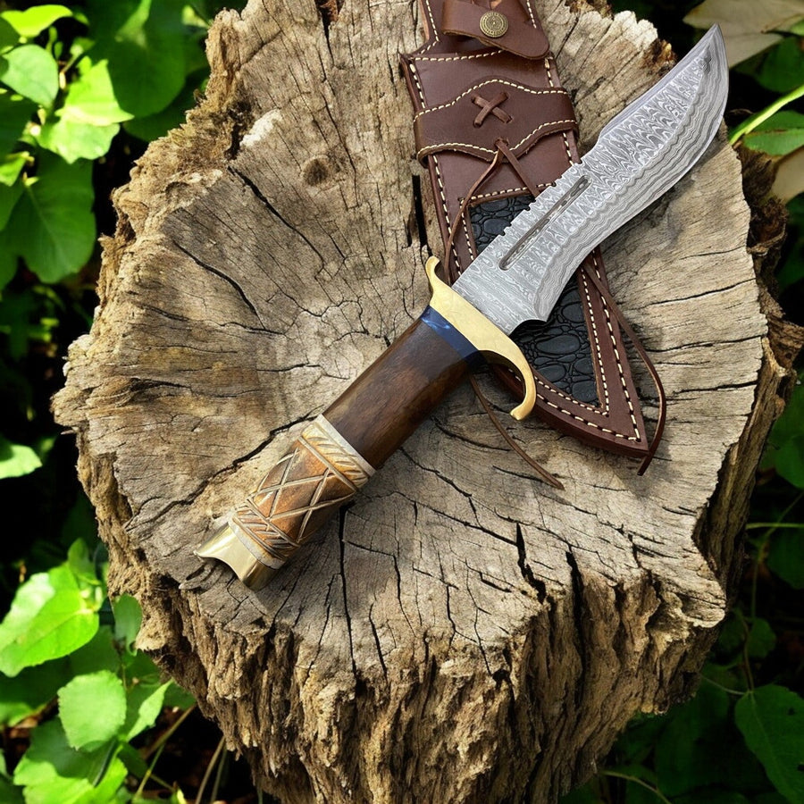 Custom Handmade Bowie Knife - 14" Damascus Steel Blade, Rosewood & Bone Handle