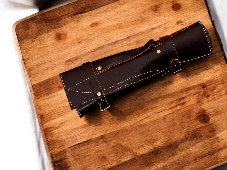 Handmade Damascus Kitchen Knives Set with Leather Roll