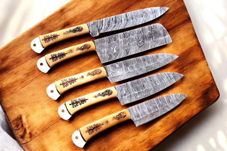 Handmade Damascus Kitchen Knives Set with Engraved Bone
