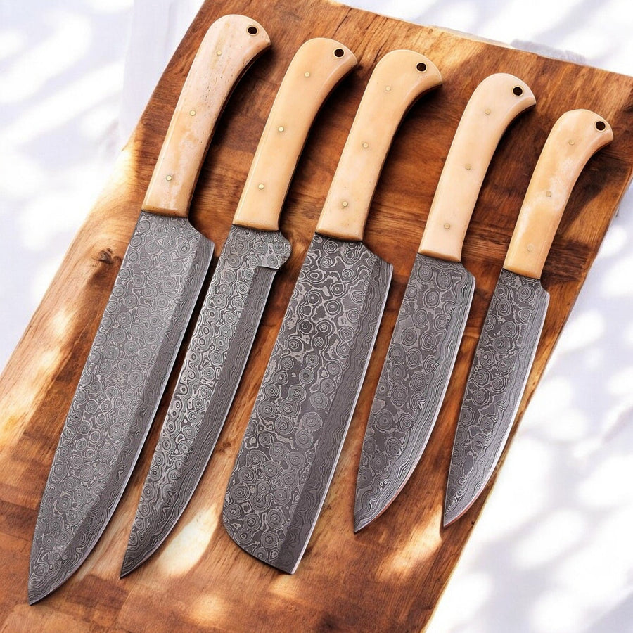 Handmade Damascus Kitchen Knives Set with Bone Handles
