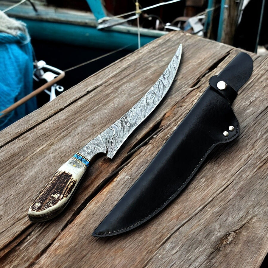 Premium Damascus Fillet Knife – Antler Horn Handle, 13"
