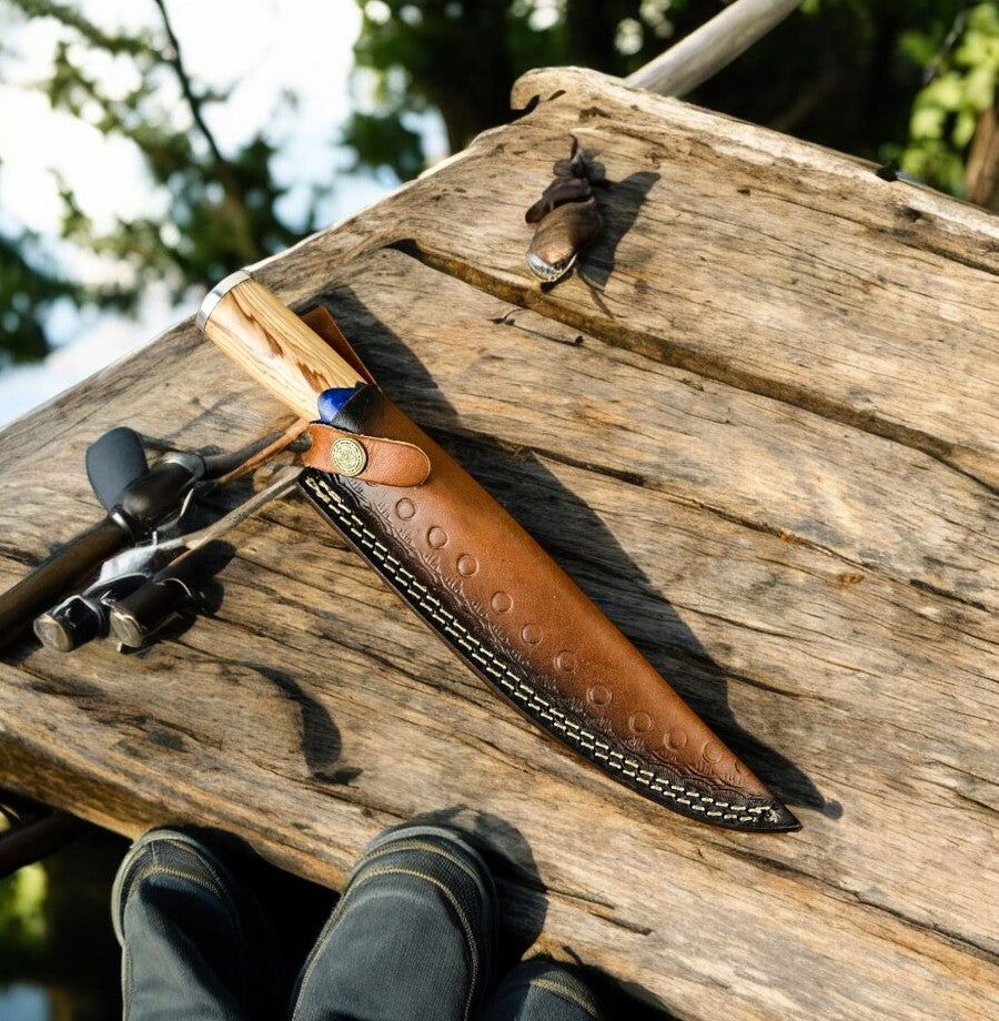 Handmade Damascus Fillet Knife – Epoxy Olive Wood Handle