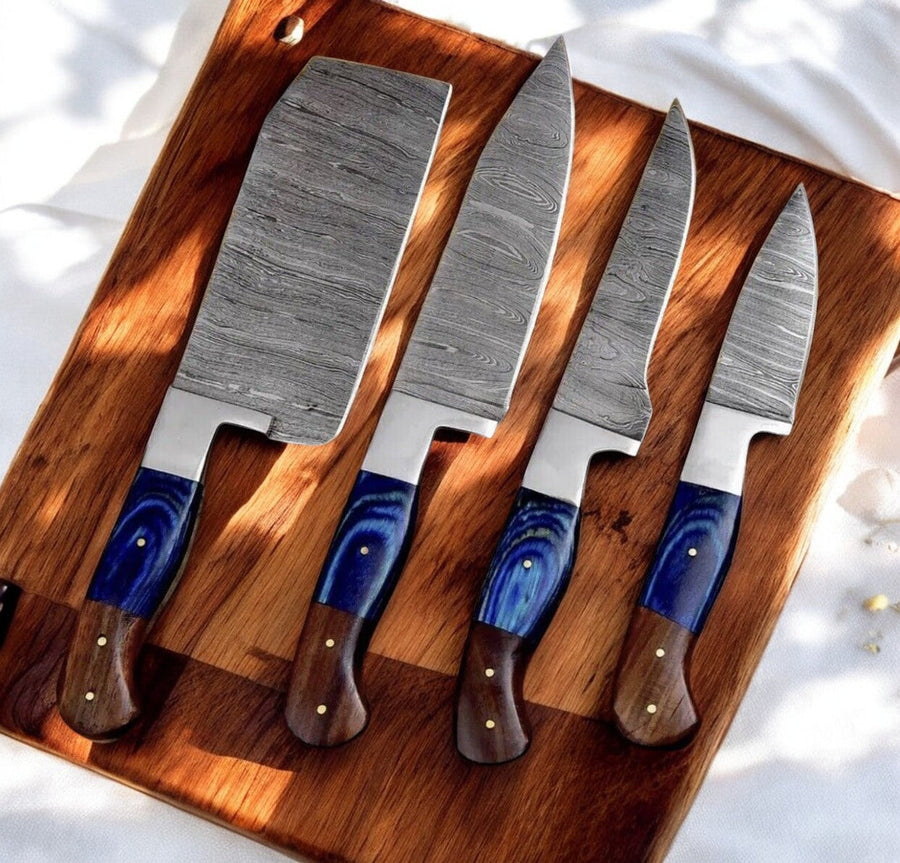 Handmade Damascus Kitchen Knives Set with Leather Roll