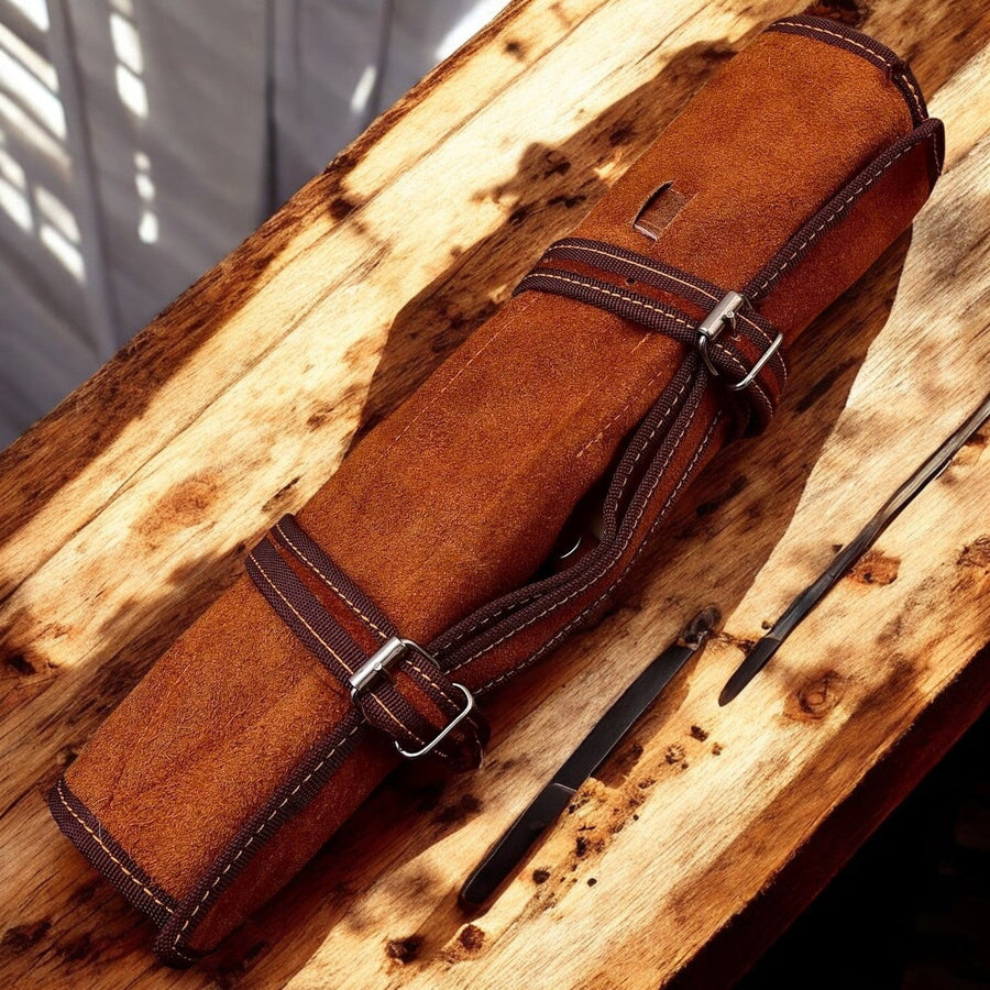 Custom Handmade Damascus Kitchen Knives Set – Leather Roll