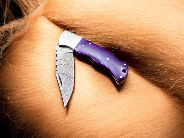 Custom Handmade Damascus Pocket Knife – Colored Bone Handle