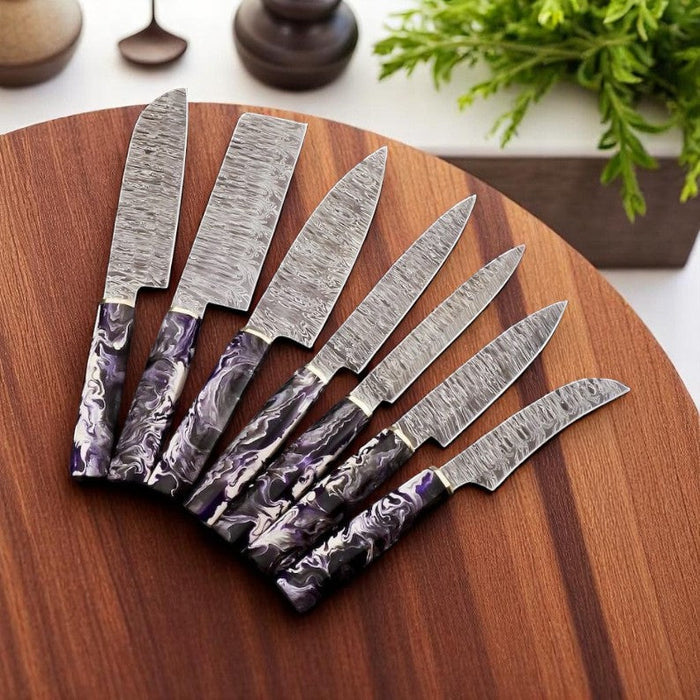 Premium Damascus Knife Set with Leather Roll