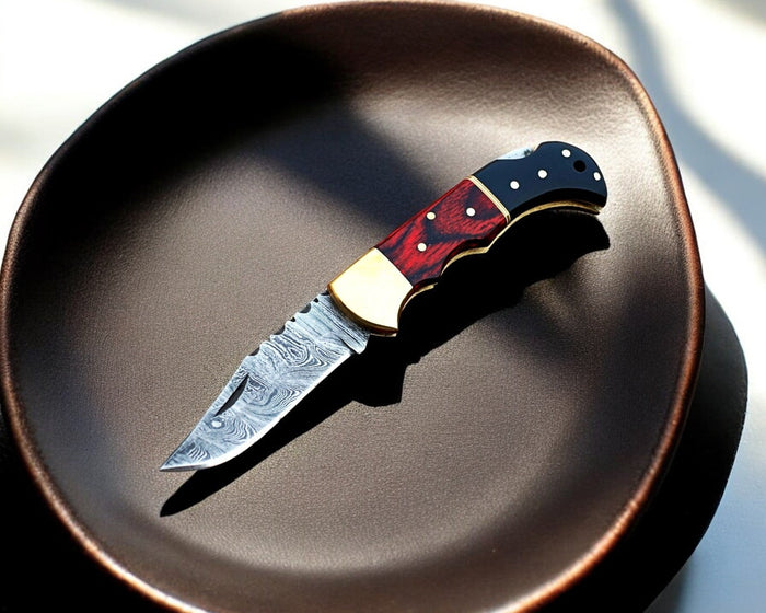 Wood handle folding Knife | Damascus Blade