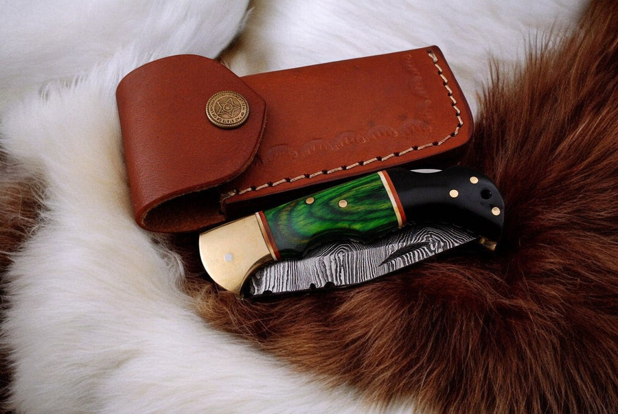Custom Handmade Damascus Pocket Knife with Green Wood Handle
