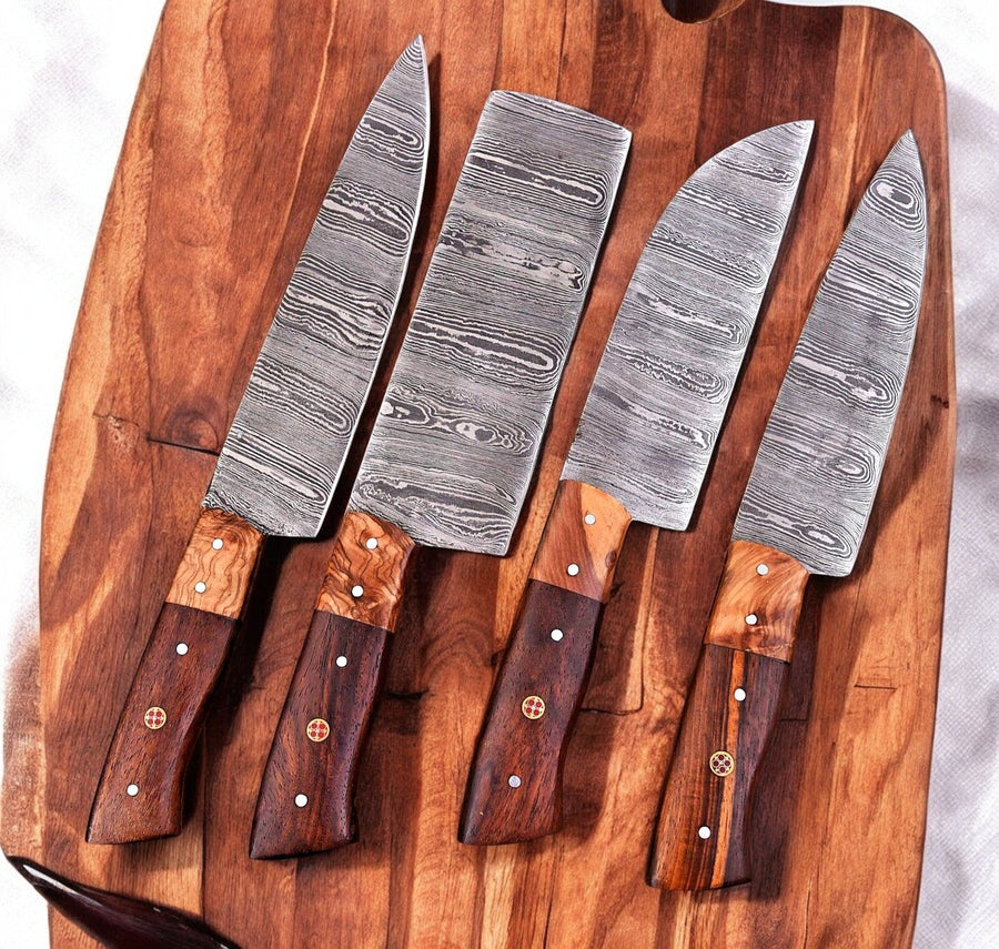 Handmade Damascus Kitchen Knives Set – Olive & Rosewood