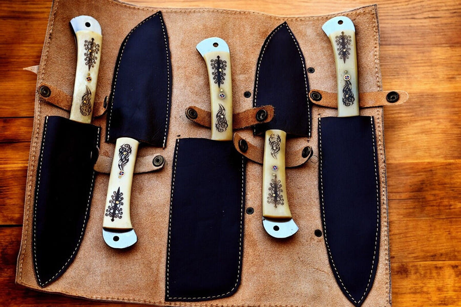 Handmade Damascus Kitchen Knives Set with Engraved Bone