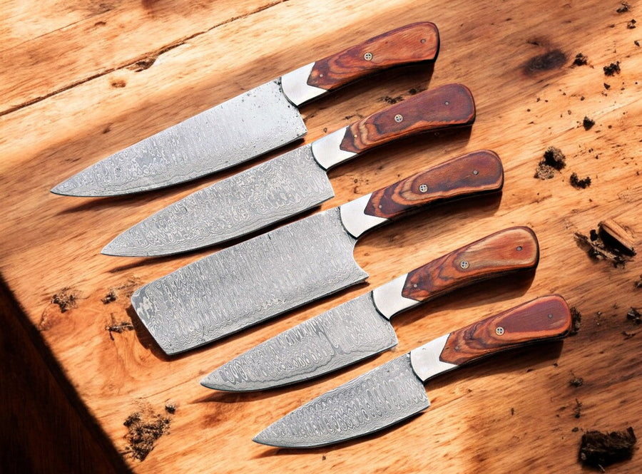 Handmade Damascus Kitchen Knives Set – Exotic Wood Handles