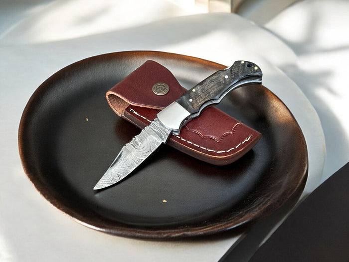 Handmade Damascus Folding Knife – Wood Handle, 3" Blade
