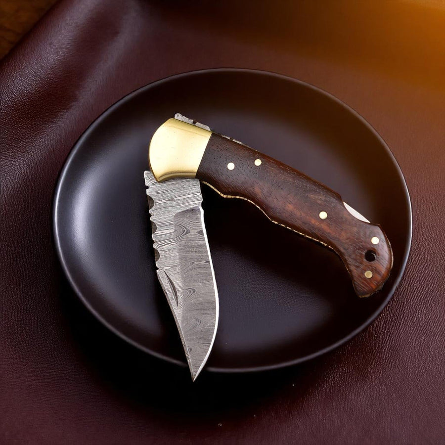 Cowboy folding pocket knife with three-inch Damascus steel blade