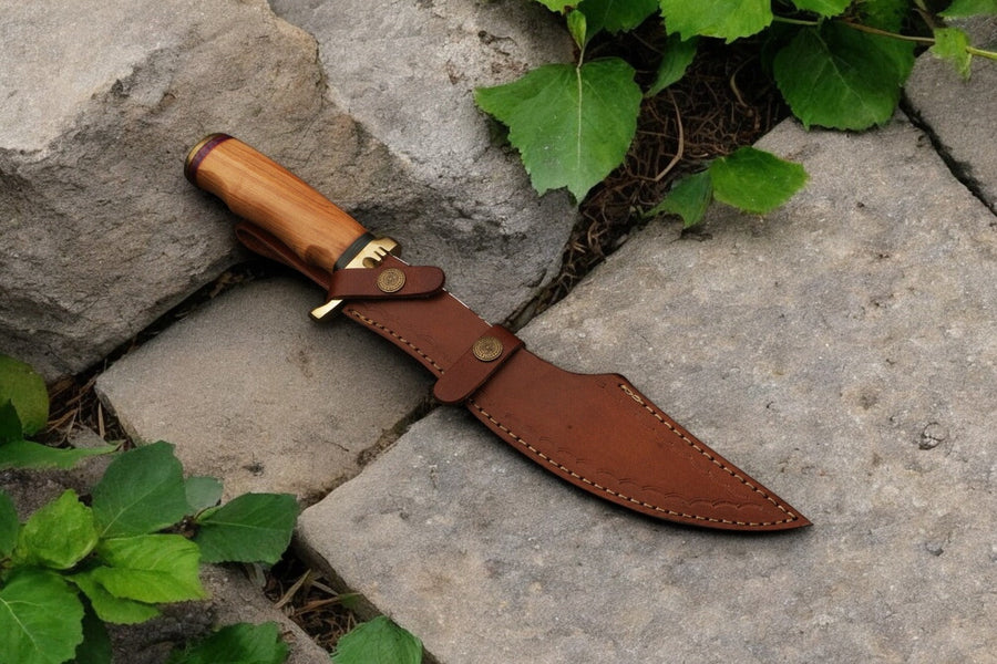 Handmade Damascus Bowie Knife with Olive Wood Handle
