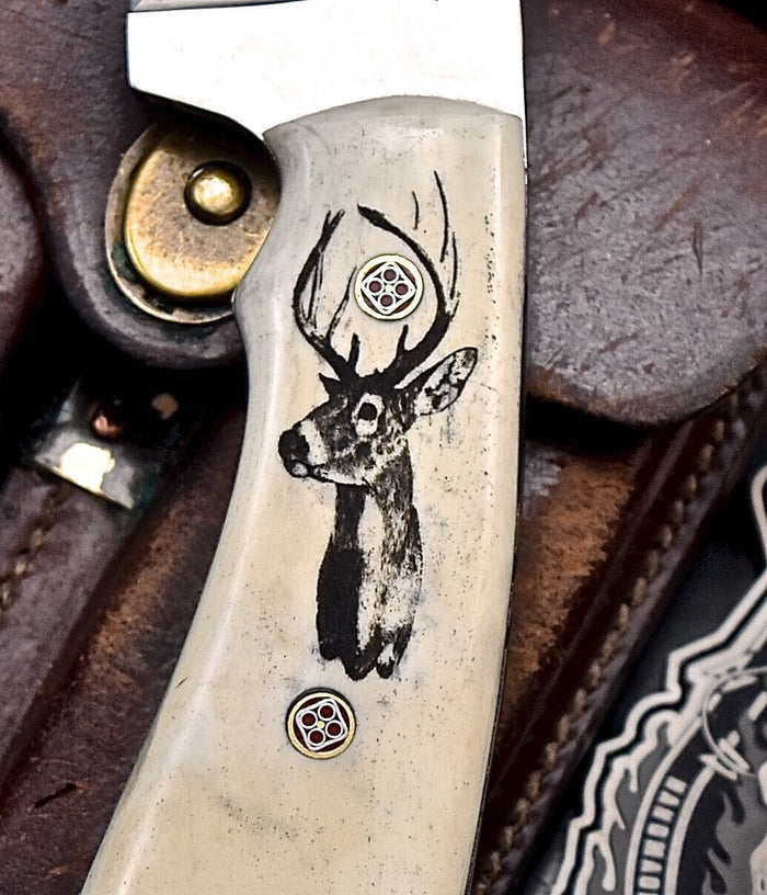 Custom Handmade J2 Steel Skinning Knife – 4.5" Blade, Engraved Camel Bone Handle