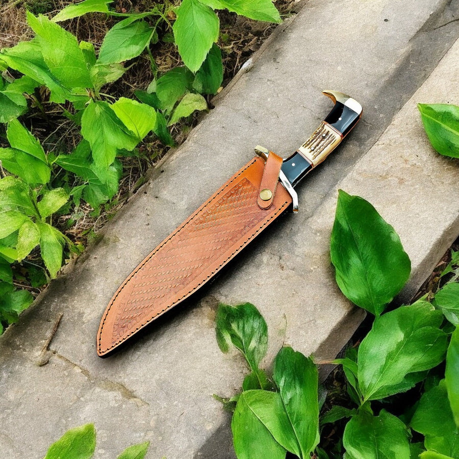Handmade Damascus Bowie Knife – 15" with Wenge & Antler