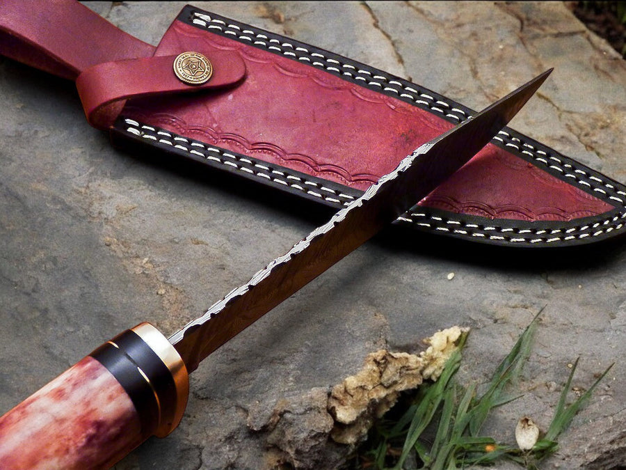 Handmade Damascus Hunting Knife – 12" with Bone Handle