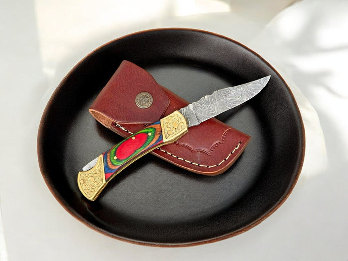 Exotic Wood Damascus Folding Knife – 3" Blade