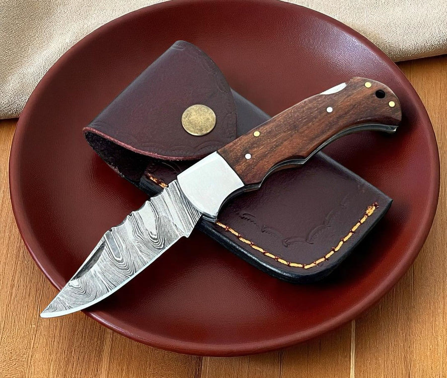 Pocket Knife | Wood Handle with Damascus blade product photo