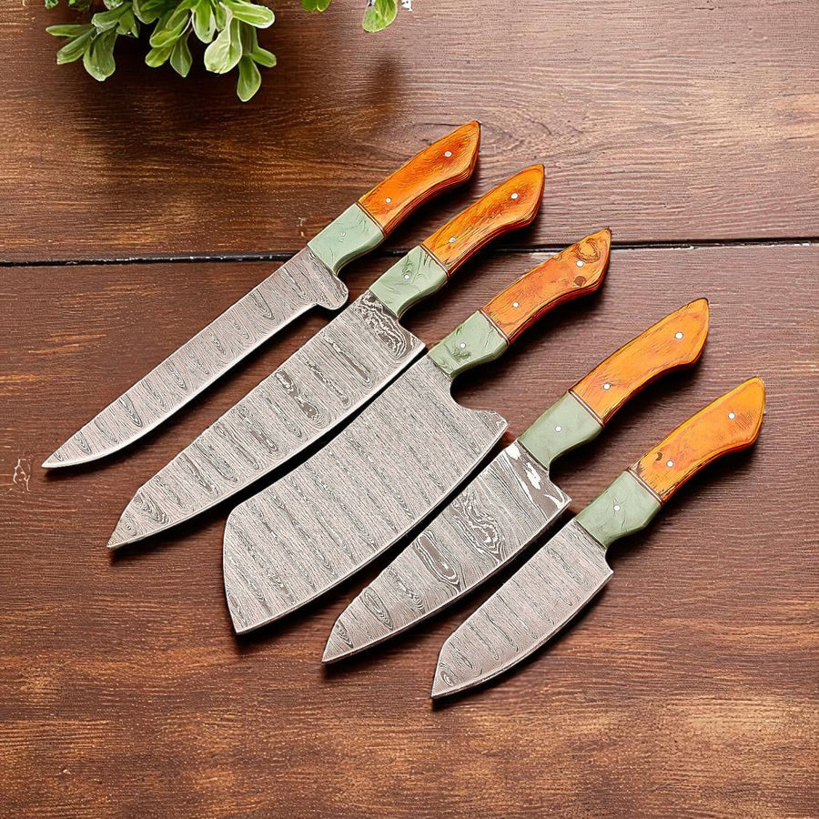 Handmade Best Damascus Knife Set with Leather Roll
