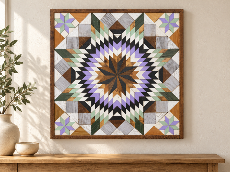 Reclaimed-wood barn quilt with a painted geometric star pattern in a styled display scene