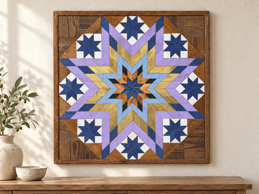 Reclaimed-wood barn quilt with a painted geometric star pattern in a styled display scene