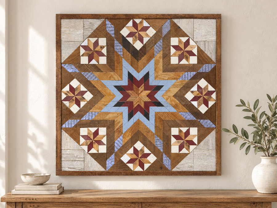 Reclaimed-wood barn quilt with a painted geometric star pattern in a styled display scene