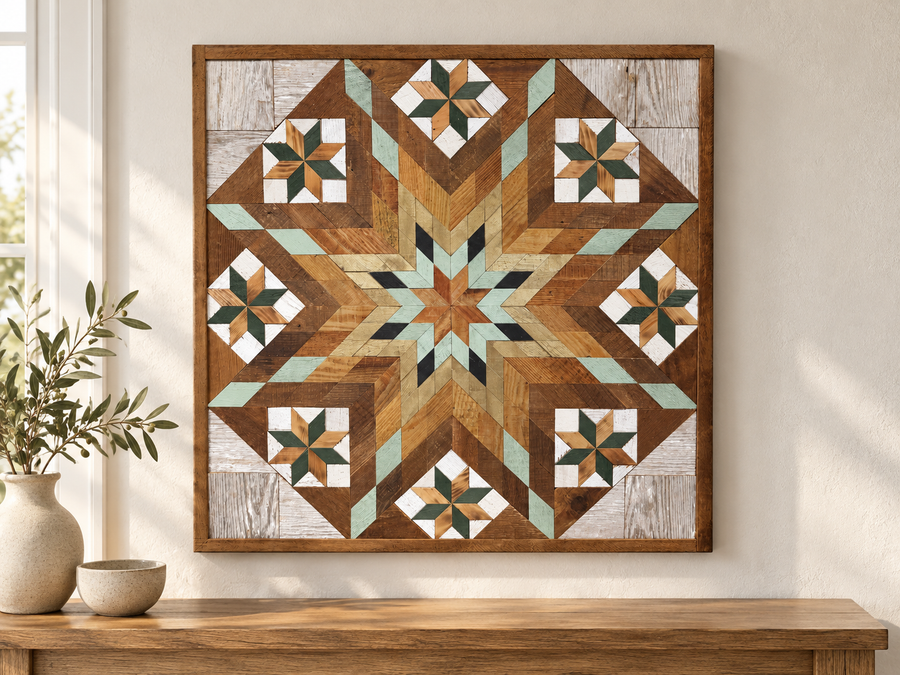 Reclaimed-wood barn quilt with a painted geometric star pattern in a styled display scene