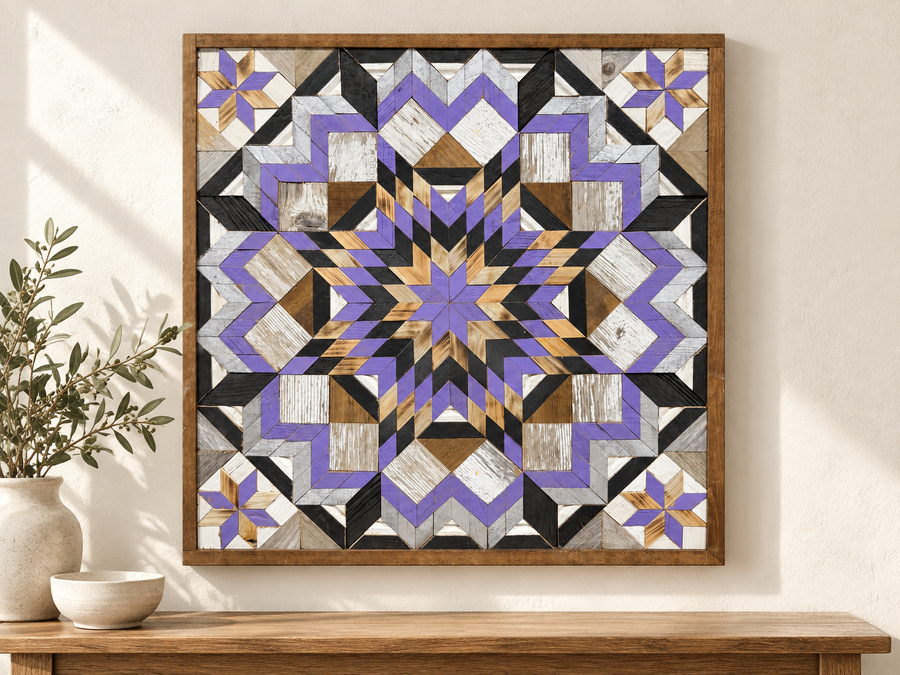 Reclaimed-wood barn quilt with a painted geometric star pattern in a styled display scene