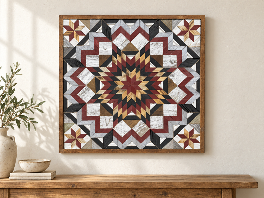 Reclaimed-wood barn quilt with a painted geometric star pattern in a styled display scene
