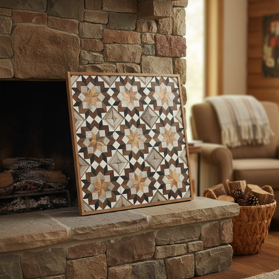 Reclaimed-wood barn quilt with a painted geometric star pattern in a styled display scene