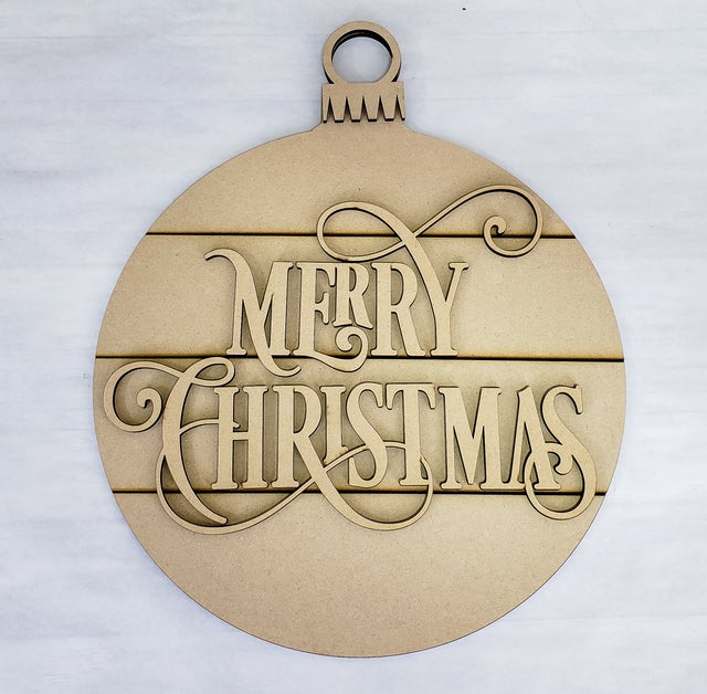 Unfinished Merry Christmas ornament-shaped MDF door hanger with script lettering