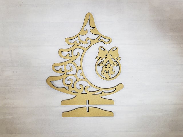Unfinished whimsical Christmas tree, ornament cutout and standing base