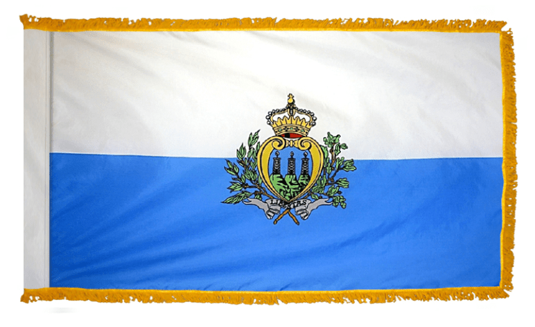 San Marino nylon flag product image with three-tower coat of arms on white and blue field