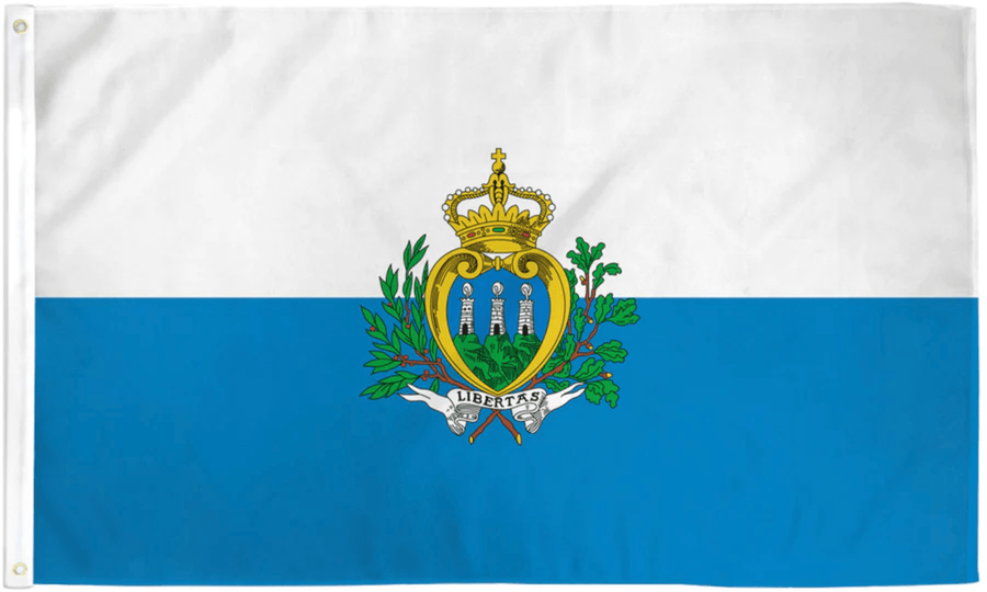 San Marino flag made in USA with white light blue bands and central national coat of arms