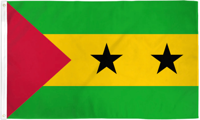 São Tomé and Príncipe flag made in USA with green yellow bands red triangle and two black stars