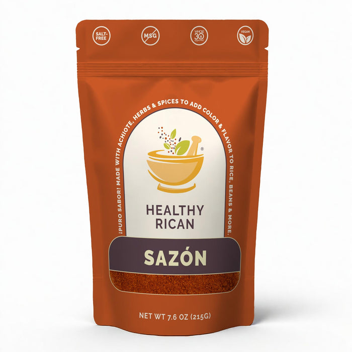 Front of a 7.6 oz resealable sazón seasoning pouch