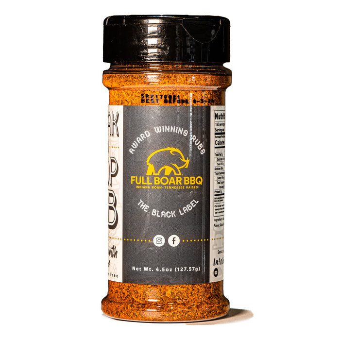 Black Label Steak & Chop Rub bottle with a black label and black shaker cap.