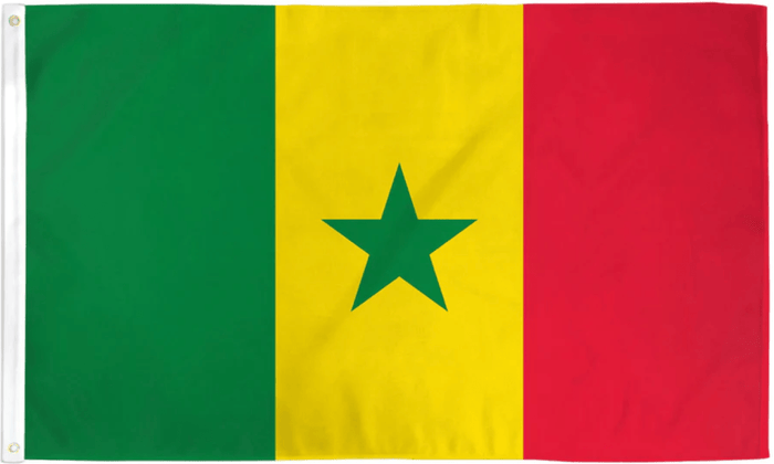 Senegal flag made in USA with green yellow red vertical bands and central green star