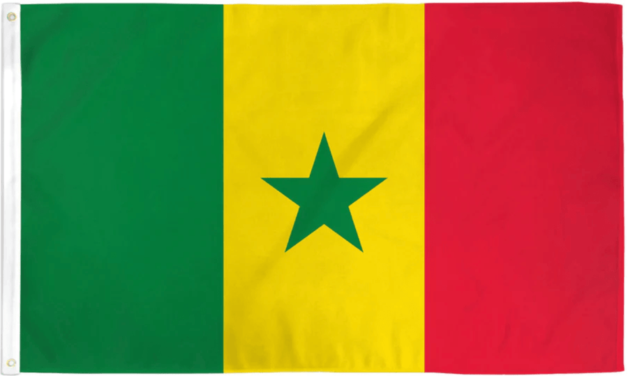 Senegal flag made in USA with green yellow red vertical bands and central green star