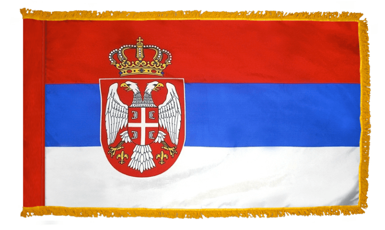 Serbia nylon flag product image with crowned eagle coat of arms on red blue white bands